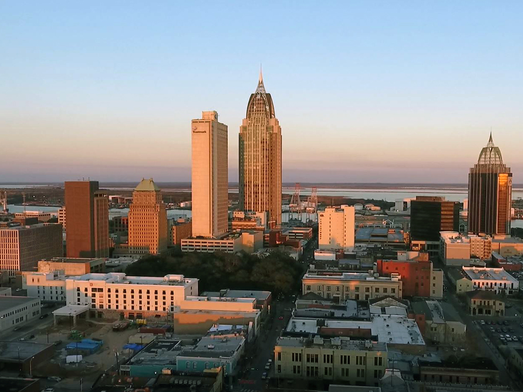 Skyline of Mobile from drone